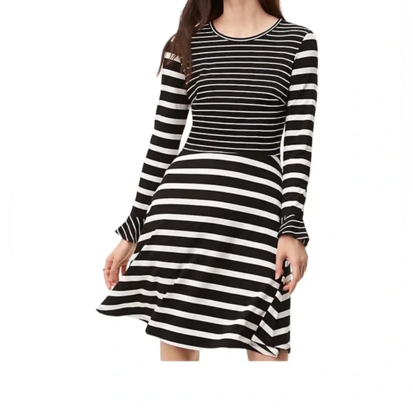 Ann Taylor LOFT Dress Black White Stripe Bell Sleeve Knit Stretchy Back  zipper